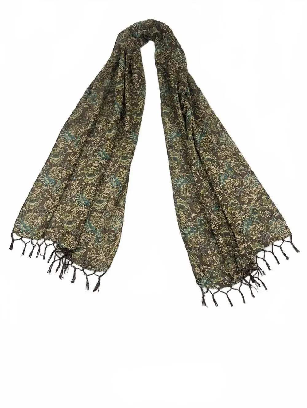 Vintage Inspired Floral Pattern Brown Scarf with Tassels